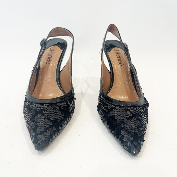 J.Renee Chinaetta Black Diamond Sequin Fabric Slingback Heels Size 6 Dressy - Picture 7 of 9